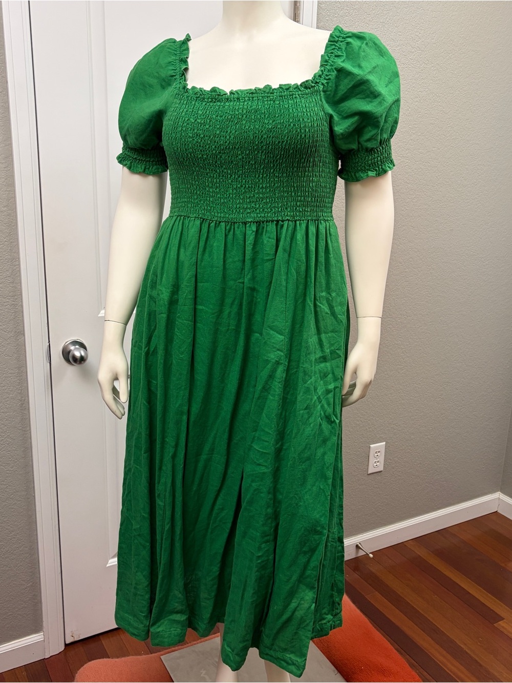 Boden 100% Linen Smocked Midi Dress Green Puff Sleeve US 12R